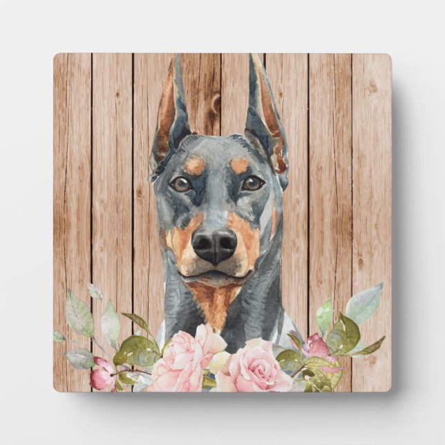 Aquarell Doberman & Blume Fotoplatte (Vorderseite)