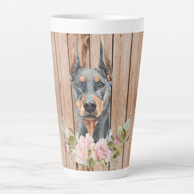 Aquarell Doberman & Blume Milchtasse (Vorderseite)