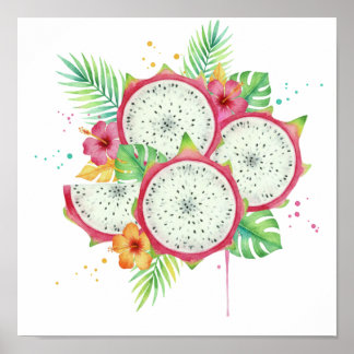 Aquarell-Drachenfrucht & Tropischer Hibiskus Poster