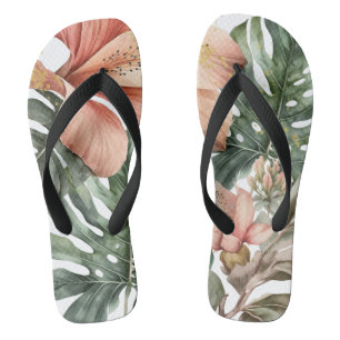 Aquarell-Dschungel-Blumenmuster Pfirsich Grün Gold Flip Flops