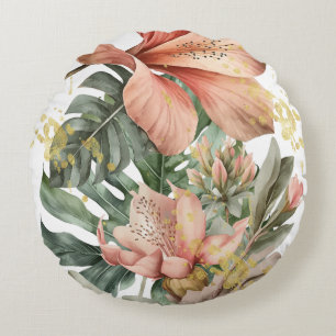Aquarell-Dschungel-Orchideen-Blumen Rundes Kissen