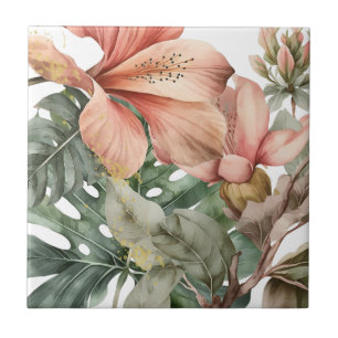 Aquarell-Dschungelblumen Pfirsich-Gold-Spritzer Fliese