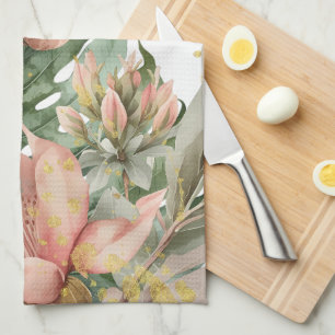 Aquarell-Dschungelblumen Pfirsich-Gold-Spritzer Geschirrtuch
