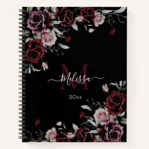 Aquarell-Dunkle-melancholische-Rosen-Monogramm-Sch Notizbuch