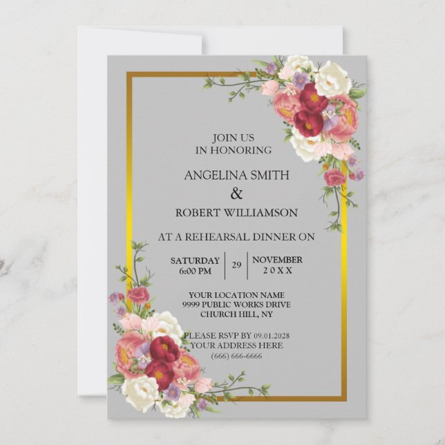 Aquarell Dusty Gray Gold Blush Peach Wedding Inv Einladung (Vorderseite)
