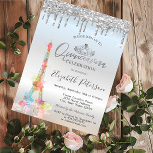 Aquarell Eiffelturm, tropfendes Silber Quinceañera Einladung