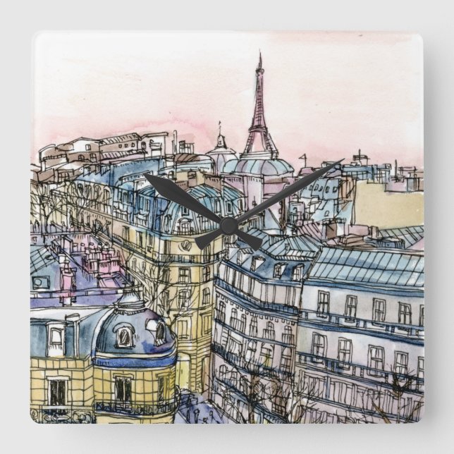 Aquarell-Eiffelturm u. Paris der Bestimmungsort-| Quadratische Wanduhr (Vorderseite)
