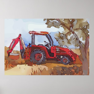 Aquarell eines orangen Traktorbaggers Poster