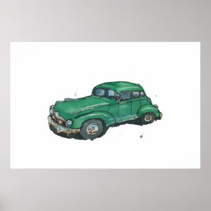 Aquarell eines rostigen alten grünen antiken Limou Poster