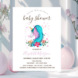Aquarell-Einhorn-Blumen-Gestreifte-Baby-Party Einladung