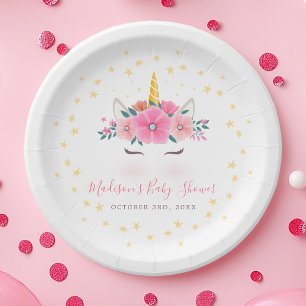 Aquarell-Einhorn-Gesicht-Blumen-Sterne-Baby-Party Pappteller