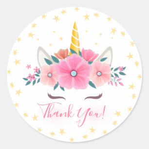 Aquarell-Einhorn-Gesicht-Blumen-Sterne-Danke Runder Aufkleber