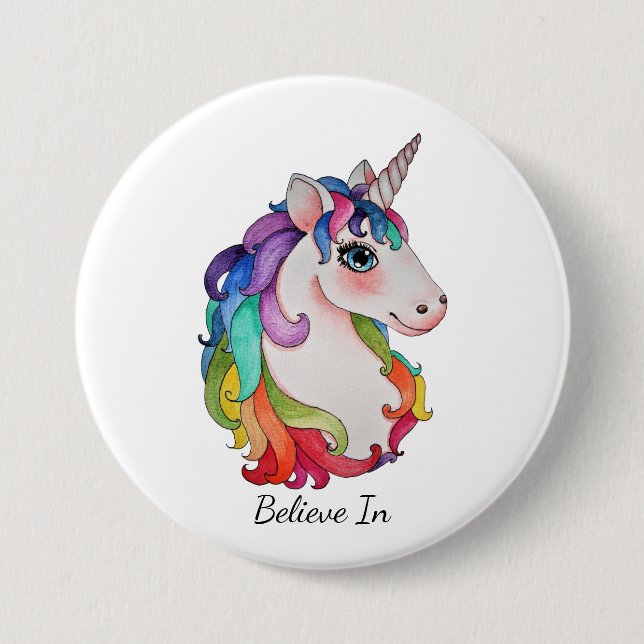 Aquarell-Einhorn mit dem Regenbogen-Haar Button (Vorderseite)