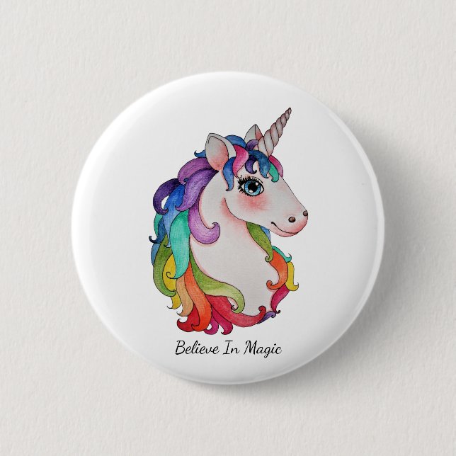 Aquarell-Einhorn mit dem Regenbogen-Haar Button (Vorderseite)