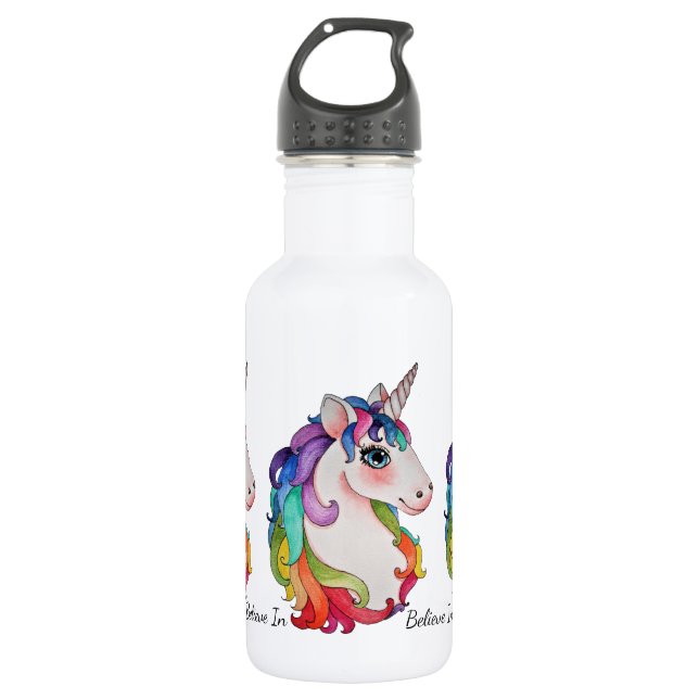 Aquarell-Einhorn mit dem Regenbogen-Haar Edelstahlflasche (Vorderseite)