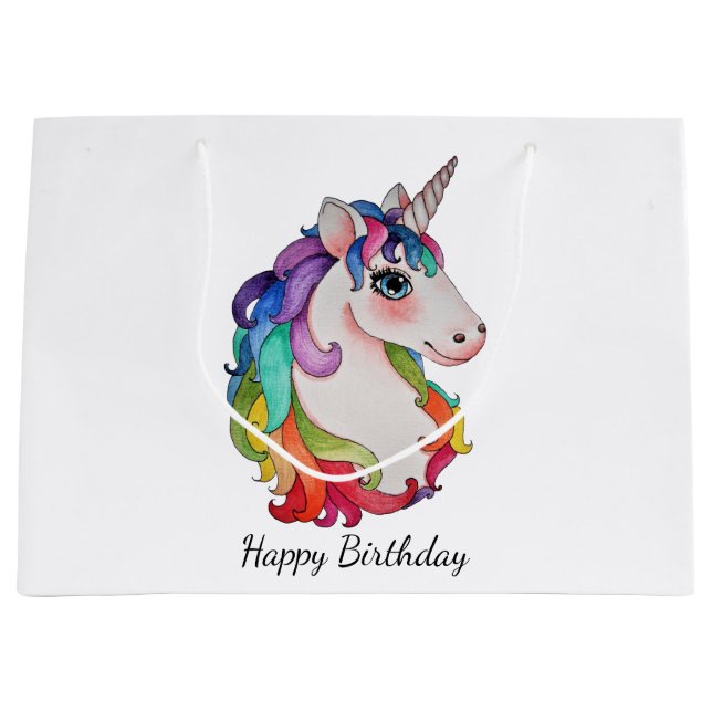 Aquarell-Einhorn mit dem Regenbogen-Haar Große Geschenktüte (Vorderseite)