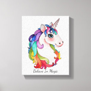 Aquarell-Einhorn mit dem Regenbogen-Haar Leinwanddruck