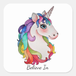 Aquarell-Einhorn mit dem Regenbogen-Haar Quadratischer Aufkleber