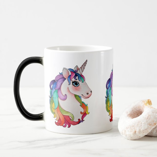 Aquarell-Einhorn mit dem Regenbogen-Haar Verwandlungstasse (Mit Donut)