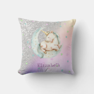 Aquarell Einhorn Mond Sterne, Silber Glitter Bokeh Kissen