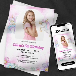 Aquarell-Einhorn-Regenbogen-Mädchen-Foto-Geburtsta Einladung