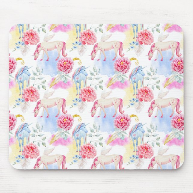 Aquarell-Einhorn-u. Pegasus-Muster Mousepad (Vorne)