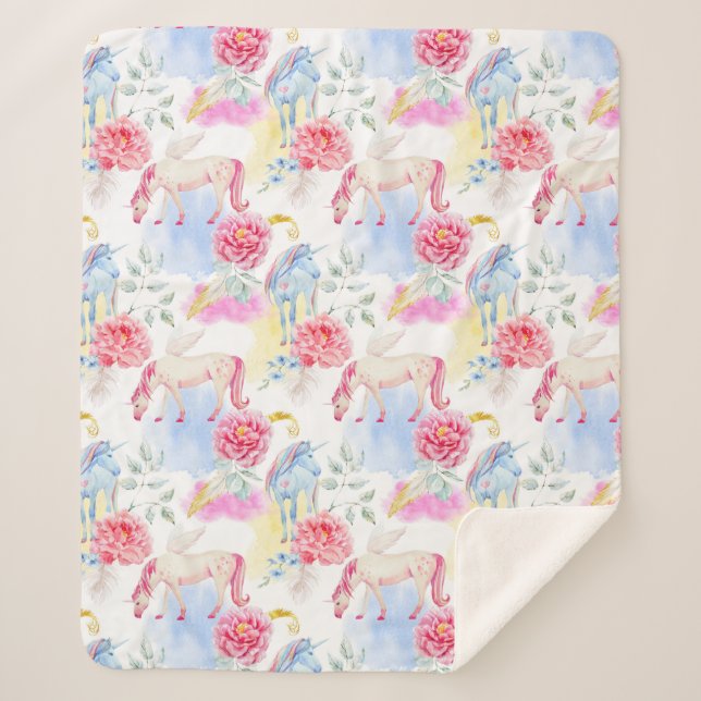 Aquarell-Einhorn-u. Pegasus-Muster Sherpadecke (Vorderseite)