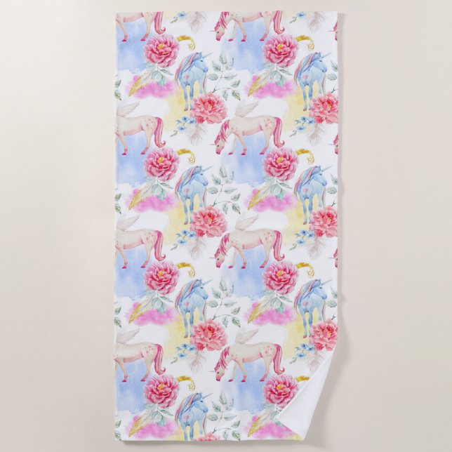 Aquarell-Einhorn-u. Pegasus-Muster Strandtuch (Vorderseite)