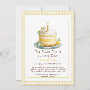 Aquarell-Einladung zum 1. Geburtstag - Kuchen gelb Einladung