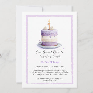 Aquarell-Einladung zum 1. Geburtstag mit Kuchen li Einladung