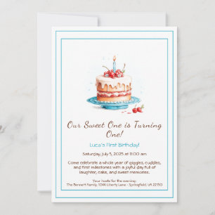 Aquarell-Einladung zum 1. Geburtstag mit Kuchenker Einladung