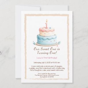 Aquarell-Einladung zum 1. Geburtstag mit Kuchenker Einladung