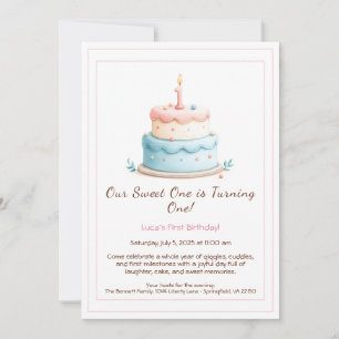 Aquarell-Einladung zum 1. Geburtstag mit Kuchenker Einladung