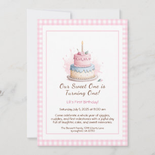 Aquarell-Einladung zum 1. Geburtstag mit rosa Kuch Einladung