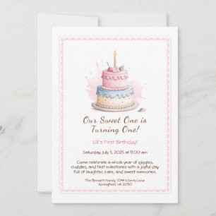 Aquarell-Einladung zum 1. Geburtstag mit rosa Kuch Einladung
