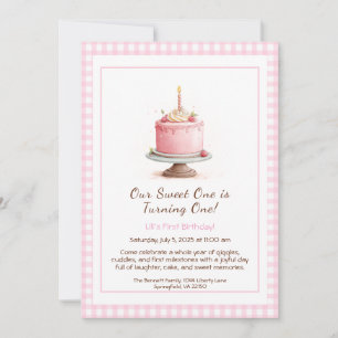 Aquarell-Einladung zum 1. Geburtstag - Rosa Kuchen Einladung