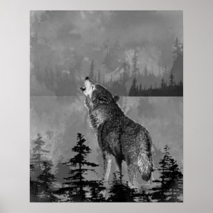 Aquarell Einsamer Heulender Wolf Tierkunst Poster