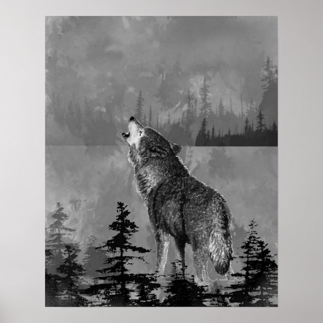 Aquarell Einsamer Heulender Wolf Tierkunst Poster (Vorne)