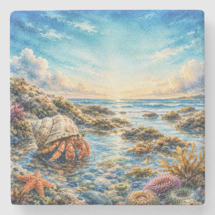 Aquarell-Einsiedlerkrebs erkundet Gezeitentümpel Steinuntersetzer