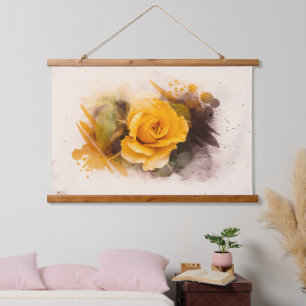 Aquarell-Einzige-Gelbe-Rose Wandteppich Mit Holzrahmen