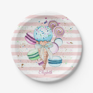 Aquarell-Eis,Macarons,Rosa Streifen Pappteller
