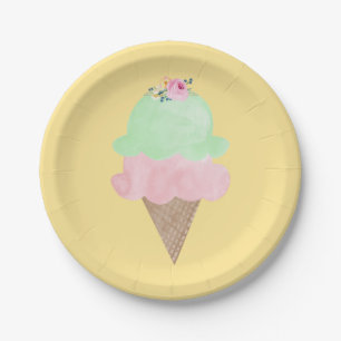 Aquarell-Eiscreme-Kegel Gelbe Papierplatten Pappteller