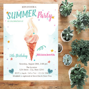 Aquarell Eiscreme Sterne Sommer Geburtstag Einladung