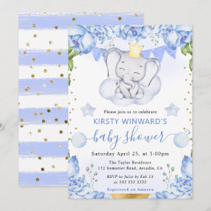 Aquarell-Elefant und Blaue Rosen Baby Shower Einladung