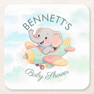 Aquarell-Elefanten-Flugzeug-Baby-Party Rechteckiger Pappuntersetzer