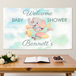 Aquarell-Elefanten-Flugzeug-Baby-Shower- Banner