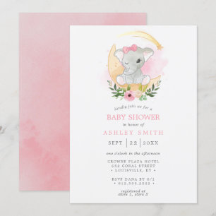 Aquarell-Elefanten-Mond-Mädchen-Baby-Party mit Blu Einladung