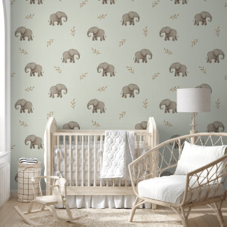 Aquarell-Elefanten-Staubgrün-Nursery-Muster Tapete