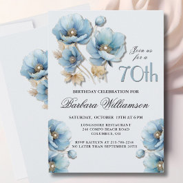 Aquarell Elegant Blue Gold Floral 70. Geburtstag Einladung