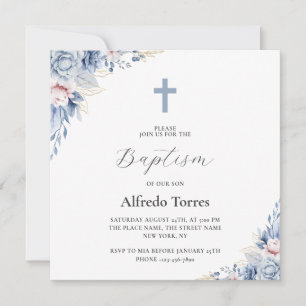 Aquarell Elegant Dusty Blue Floral Baby Taufe Einladung